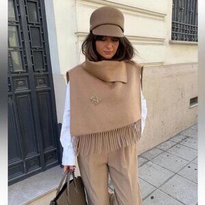 ZARA ASYMMETRICAL FRINGED WOOL BLEND CAPE